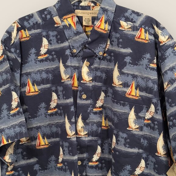 Munsingwear Mens XL Cotton Hawaiian Sailboat Short Sleeve Button-down Shirt - Picture 3 of 4